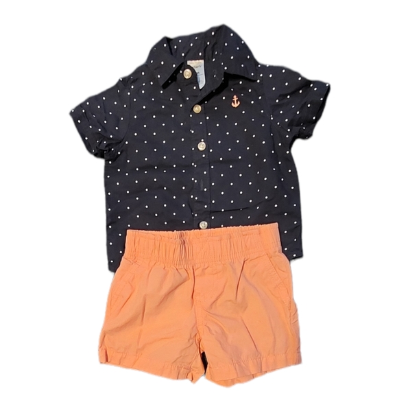 Carter's: 6m boys blue polka-dot top and salmon colored short set - Picture 1 of 5